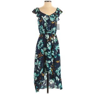 COMO VINTAGE floral ruffle flutter trim tropical midi high low dress blue S NEW